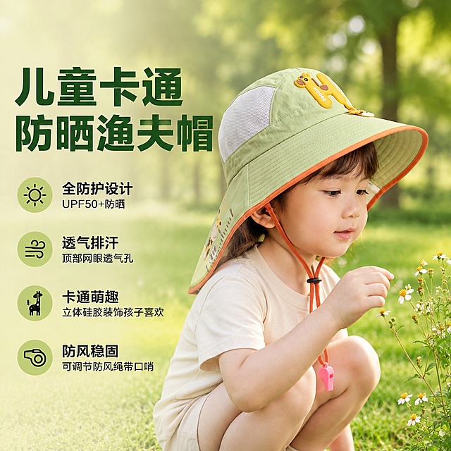 「图片1」「图片1」「图片1」「图片1」「图片1」「图片1」「图片1」「图片1」「图片1」「图片1」，生成一套主图（5张），商品名称是儿童卡通防晒渔夫帽，卖点是全防护设计	披肩式后颈防晒布，遮挡脖子+肩膀，UPF50+防晒
透气不闷热	顶部网眼透气孔，排汗散热，夏季佩戴舒适
卡通萌趣	立体硅胶卡通装饰（鳄鱼/小熊/青蛙/长颈鹿/兔子），孩子喜欢
防风稳固	可调节防风绳+安全口哨，户外玩耍不易掉落
多场景适用	海边/郊游/露营/日常出行，男女童通用，适配1688平台，主图比例为1:1