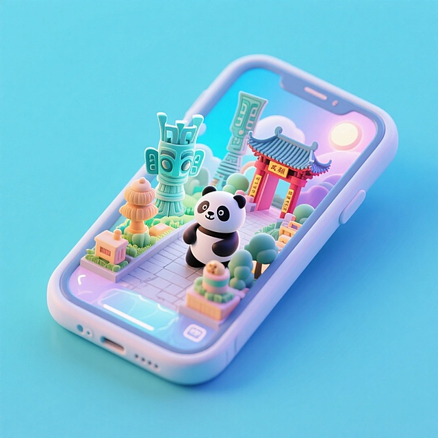 软3D风格手机微缩场景，熊猫与传统建筑萌趣互动，梦幻渐变光效，粘土质感十足，充满童趣与节日氛围。