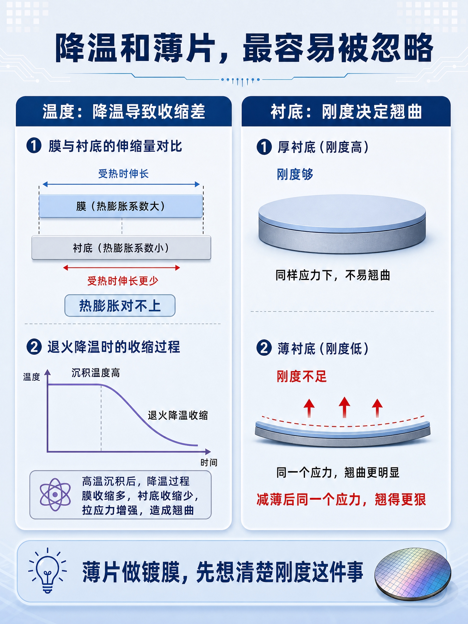 科技感扁平插画风格，晶圆翘曲成因之温度与衬底科普海报，与参考图… - 图片创意预览