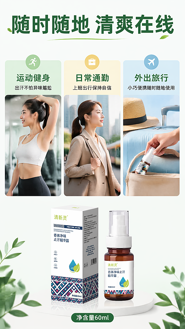 [第7屏] 多场景种草，展示香体净味止汗精华露日常不同使用场景。本屏使用【图1】产品图，保持外观一致。
[氛围/风格] 生活化拼贴风格，明快清新，展示多元使用场景。
[元素布局] 顶部主标题，下方三格拼图分别展示运动、通勤、差旅三个场景，每个场景配小图和文字说明，底部放置产品图【图1】。三格场景占画面65%，产品占比20%。
[光影质感] 每个场景光线自然，符合场景特点，整体亮度均匀，产品清晰突出。
[配色色系] 全局底色 #F8FBF8；每个场景背景浅色系区分，标题深绿色，文字黑色。
[视角构图] 上下结构，标题+三格场景+产品，层级清晰，符合移动端浏览。
[文字版式] 顶部主标题“随时随地 清爽在线”深绿色粗体；三格分别标注「运动健身」“出汗不怕异味尴尬”「日常通勤」“上班出行保持自信”「外出旅行」“小巧便携随时随地使用”；产品下方标注“净含量60ml”，文字清晰排版整齐。
[比例分辨率] 9:16竖版比例，4K分辨率，文字清晰可辨，超高清。
[负向提示词] 场景混淆，产品变形，文字模糊，颜色偏差
