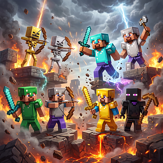 保留原有的8款我的世界人仔，重新生成，维持生动形象和热血战斗氛围，给人仔稳固的站立点，调整人仔比例大小