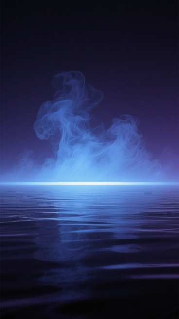 超写实主义风格的深色背景场景，整体色调以深邃的暗紫色与墨蓝色为主，营造出神秘而宁静的氛围。画面底部是平滑如镜的深色水面，泛着细腻的波纹和微弱的光泽，水面倒映着上方的光影。中下部有一条水平的、明亮的蓝白色光带，如同地平线上的曙光，均匀地照亮水面边缘。光带上方，大量形态飘逸的烟雾或雾气从底部向上弥漫，呈现出柔和的蓝青色，烟雾密度由下至上逐渐变浅，边缘模糊，与顶部的深黑色背景自然融合。整个画面光影对……预览效果