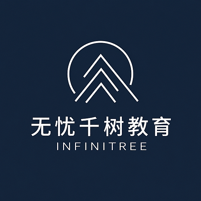 生成一张品牌标识图：顶部为原图标；中间为‘无忧千树教育’（字号较大，居中）；其正下方为‘INFINITREE’（字号比中文小约15%，居中）；两行文字垂直间距紧凑（约为单行字高的0.8倍）；整体居中排版；深蓝色背景；去除原图中的‘INF’字样；风格简洁现代