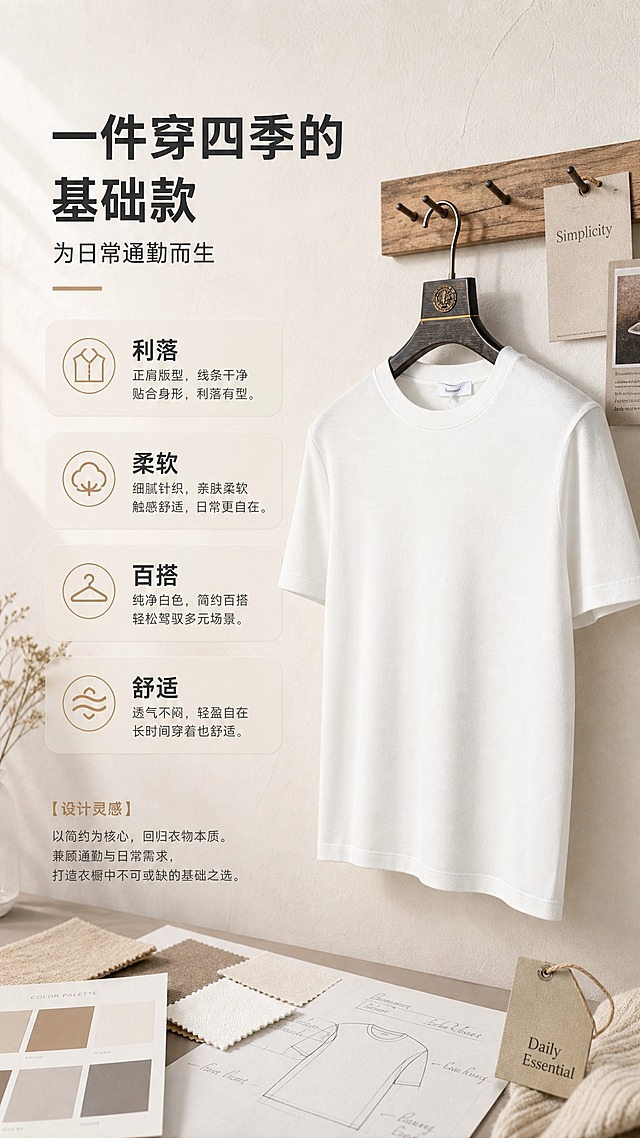 [商品] 使用【图1】白色圆领针织短袖T恤；商品处理：保留圆领、短袖、正肩版型、衣长、针织面料、颜色和领口标签；自然去除衣身杂乱褶皱与压痕，理顺垂坠，增强针织纹理、缝线和领口质感，不改变版型和结构。
[画面] 目标为设计理念页，表达基础款百搭通勤的设计方向；左文右图构图，右侧T恤侧45度悬挂展示，占画面约45%；左侧为风格关键词与设计说明，背景为米白肌理墙面+木质衣架元素，加入色卡、面料小样等灵感道具点缀，营造设计工作室氛围。
[视觉] 套系策略：风格=极简高级商业影棚风；标题字=现代无衬线粗体；正文字=简洁无衬线体；主色=米白；背景延展=基于米白做深浅层级、同色渐变和细腻纸张/织物质感；强调色=浅奶茶棕，仅用于小面积图标、引线和标签；标题色=深炭灰；正文色=中暖灰；组件=圆角浅底信息卡、细线引线；光影=左前侧暖柔光。
[文字] 左上主标题「一件穿四季的基础款」，副标题「为日常通勤而生」，下方4个风格关键词：利落、柔软、百搭、舒适；每个关键词配简短说明；文字横排，字号适中，手机端清晰可读。
[规格] 单屏比例9:16竖版，分辨率2K，避免变形、错字、文字过小、冷蓝/蓝灰背景、衣服颜色改变、版型失真、白底孤立单品。