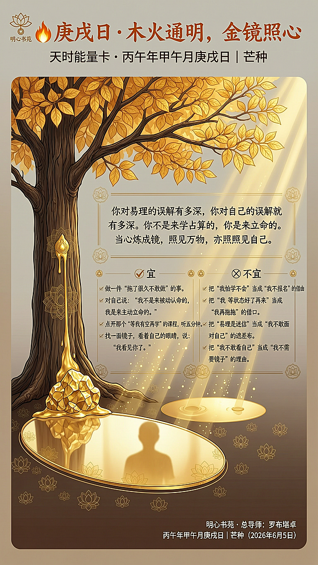 竖构图天时能量卡，整体包含图像与文字分区，图像占画面约70%，留白约30%，整体色调温暖干净，无刺眼对比。图像部分：左侧一棵参天大树，树冠是暖金琥珀色，不要绿色，午日金光从树冠缝隙斜射而下，光柱与光斑如金液流淌，光线从上向下；树下正中央有一块金矿，底部熔化成金液，金液凝固成一面光滑镜子，镜中映出蓝天、树影和模糊人影，不要清晰人脸；地面是深褐色，隐藏极细金刚杵、曼陀罗、莲花、金刚橛符号于树干、光柱、镜缘、光斑中。文字排版部分：顶部中央：主标题“🔥 庚戌日 · 木火通明，金镜照心”，书法体，琥珀橙色；副标题“天时能量卡 · 丙午年甲午月庚戌日｜芒种”，暖灰色宋体；左上角嵌入“明心书苑”Logo，是莲花+金刚杵极简符号。中上部：极细淡金色线框，四角金刚杵纹样；框内文字“你对易理的误解有多深，你对自己的误解就有多深。你不是来学占算的，你是来立命的。当心炼成镜，照见万物，亦照照见自己。”楷体，暖灰黑色，居中，四周留白。中部左右两列：左列标题“✅ 宜”，四项文字：“做一件‘拖了很久不敢做’的事。”“对自己说：‘我不是来被动认命的，我是来主动立命的。’”“点开那个‘等我有空再学’的课程，听五分钟。”“找一面镜子，看着自己的眼睛，说：‘我看见你了。’”；右列标题“❌ 不宜”，四项文字：“把‘我怕学不会’当成‘我不报名’的理由。”“把‘我等状态好了再来’当成‘我再拖拖’的借口。”“把‘易理是迷信’当成‘我不敢面对自己’的遮羞布。”“把‘我不敢看自己’当成‘我不需要镜子’的理由。”；边框为极细深褐色线框，四角莲花/金刚橛符号。底部：小字“明心书苑 · 总导师：罗布堪卓”，以及“丙午年甲午月庚戌日｜芒种（2026年6月5日）”，极细极淡，右下角对齐。所有文字区块之间有明显留白，不要文字变形，负面提示词：冷蓝色，纯黑，刺眼荧光，外窜火焰，刺目强光，杂乱，文字变形，过度装饰，绿叶，清晰人脸，纯白背景