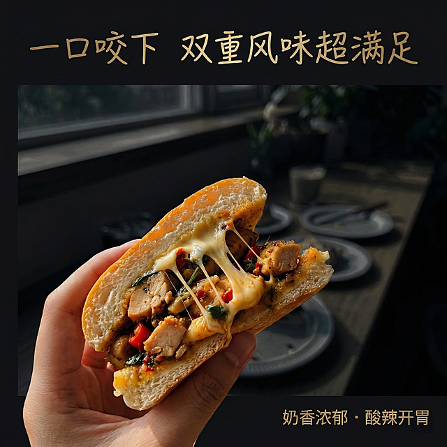 本图为手持鸡肉堡，无需更换盘子，保留原整体构图、文字排版和动态拉丝效果，保证黑色风格统一，不做主体修改。