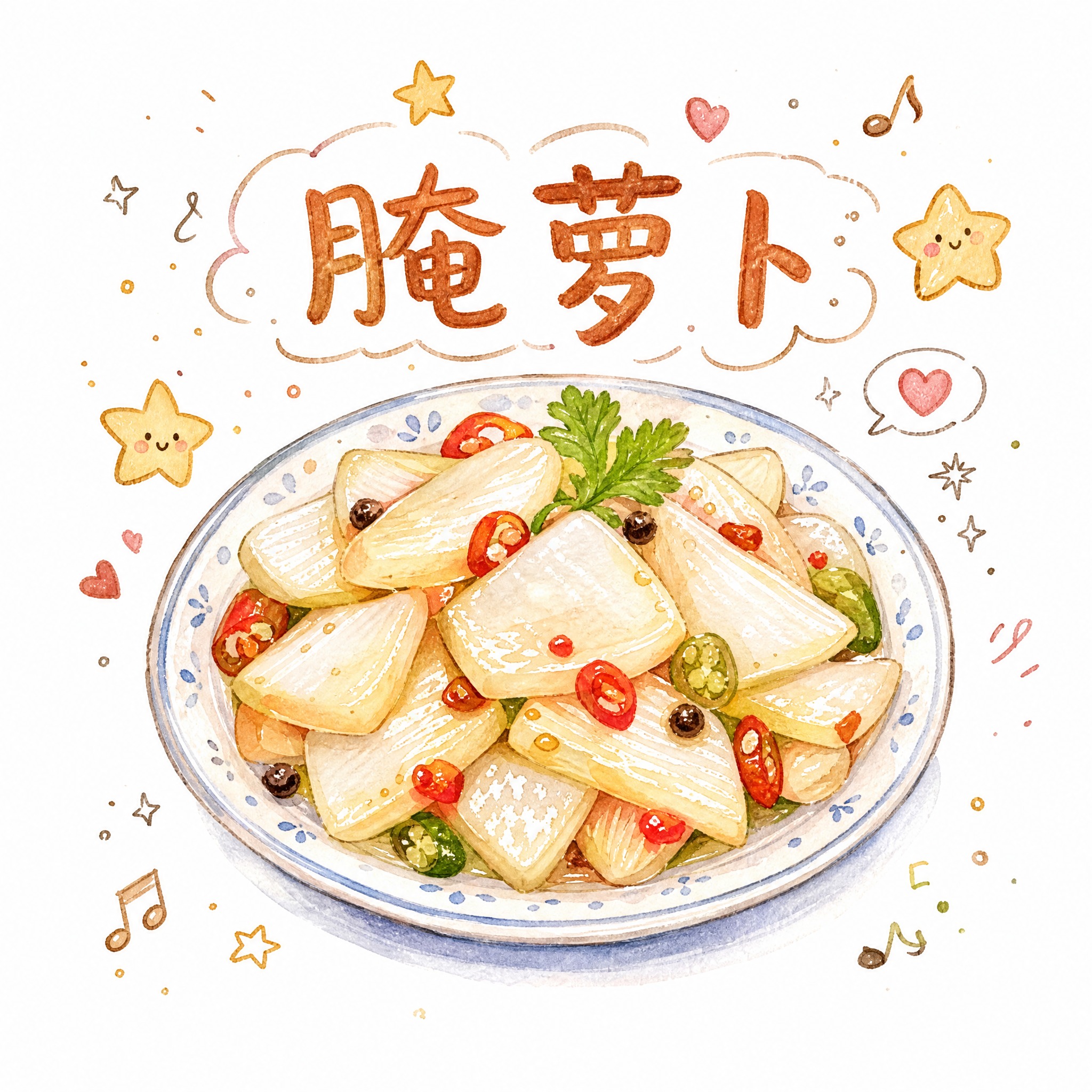 手绘水彩风格的腌萝卜菜品插画，参考图中的手绘水彩质感和可爱装饰… - 图片创意预览