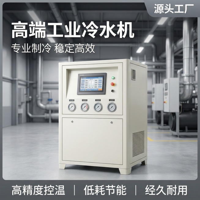 高端工业冷水机淘宝主图首图，产品外观为米白色箱体式设计，正面带操作显示屏和四个压力表。整体风格专业高端，放置在简洁现代化的工业厂房场景中，柔和顶光突出设备金属质感。左上角文案“高端工业冷水机”，副标题预览效果