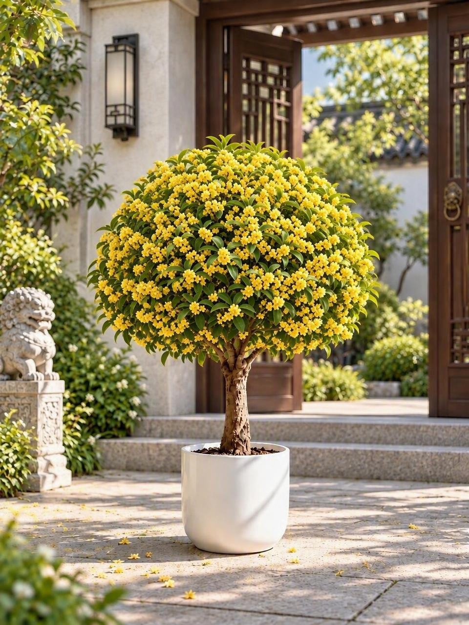 将图中盆栽的花朵替换为第二张参考图中的黄色小花形态，花朵更密集… - 图片创意预览