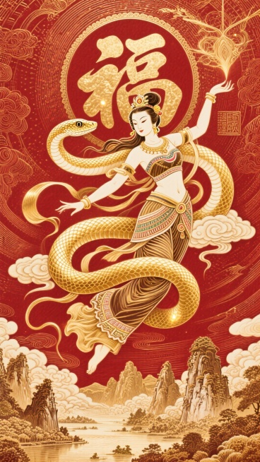 一条壮瑶灵蛇（穿着女娲的服饰）注意要保留蛇头蛇尾，，女娲为人首蛇身的样子，呈飞天姿势，构图以女娲为主蛇为辅，蛇的眼睛珠光效果，浑身金色发光拉丝效果，祥云飞舞与蛇具有互动，底部微缩的桂林山水，祥云环绕，预览效果
