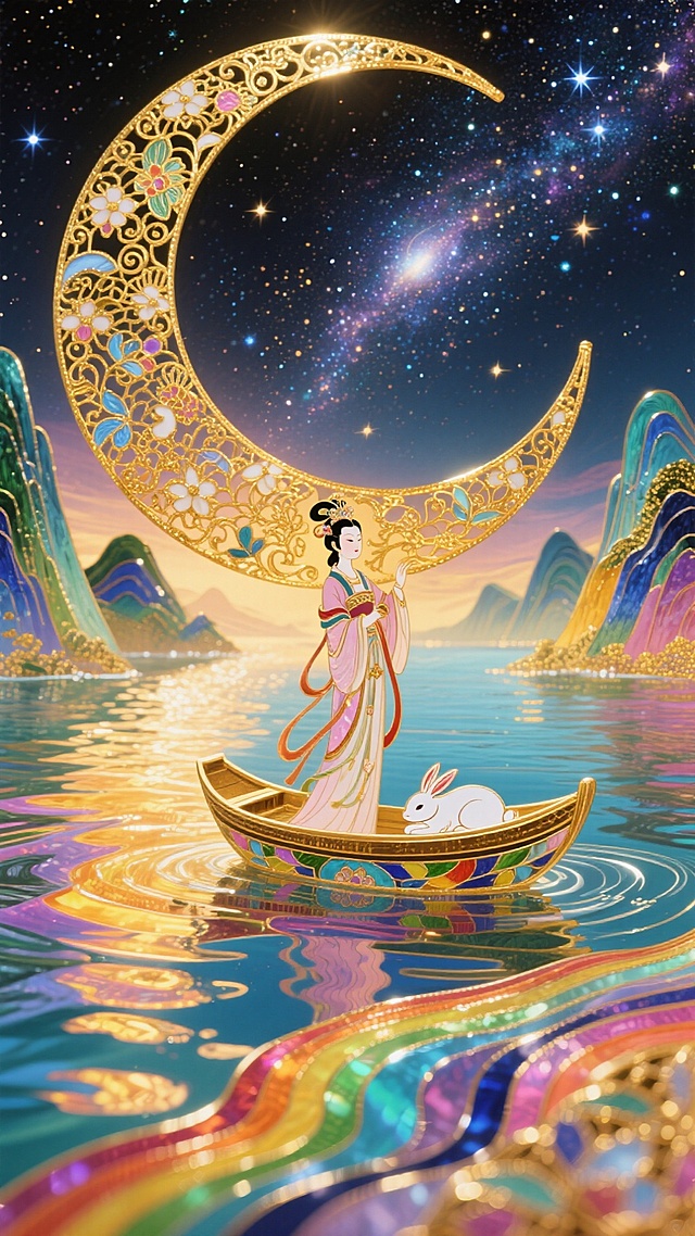 非遗珐琅工艺风格，画面上方是灿烂的宇宙星河，画面下方是五彩斑斓的江水，江水两岸是山峦，江水中间是一弯月亮船，月亮船上有仙气飘飘的嫦娥，嫦娥在整体画面的中心，玉兔在月亮船上安稳得睡着，整体是金灿灿的暖色调