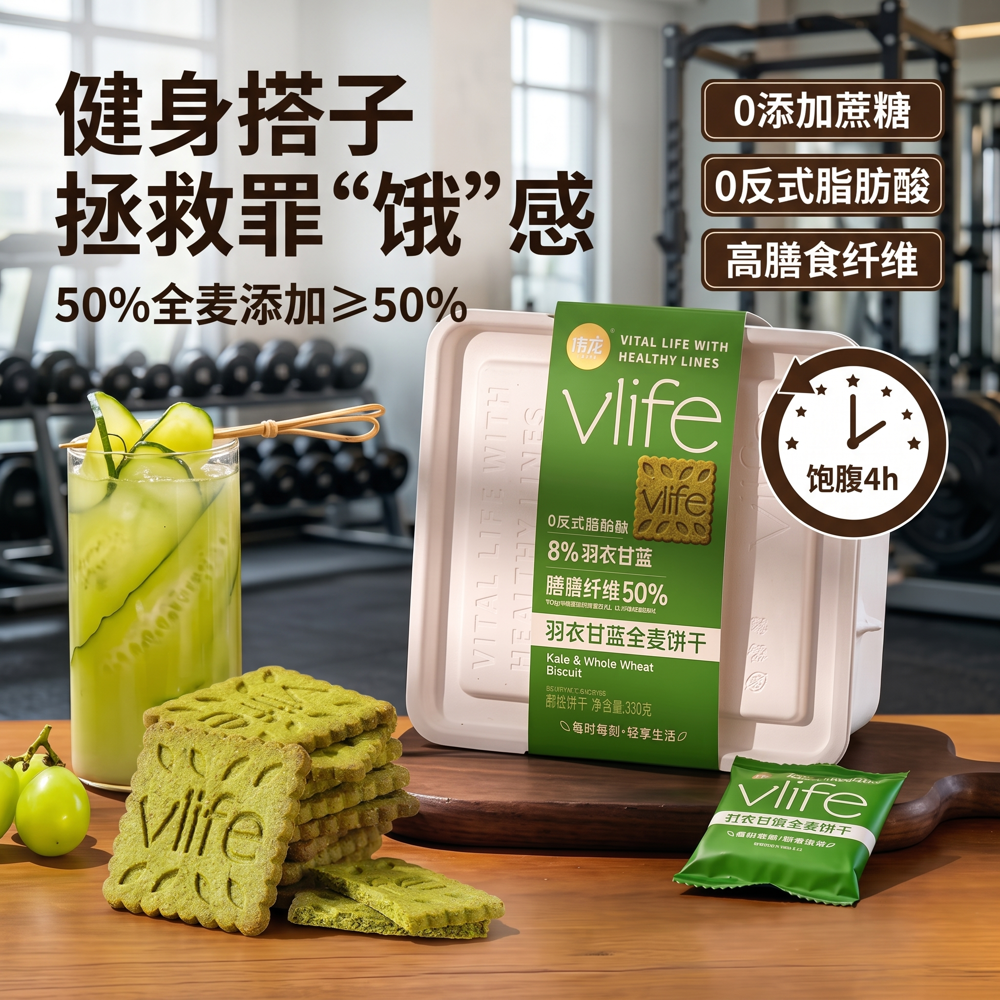 参考图2设计全麦饼干主图，背景使用健身房场景，包含哑铃元素，不… - 图片创意预览