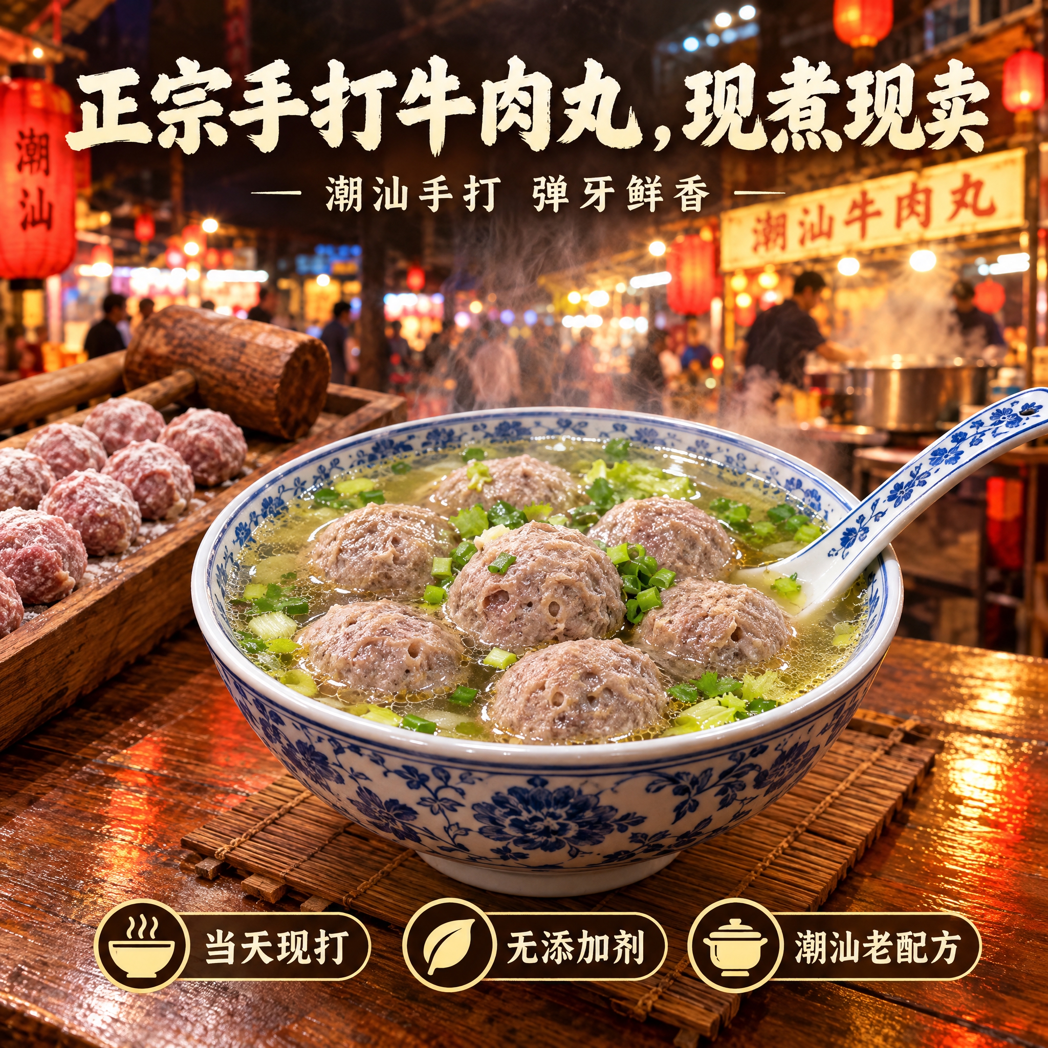 潮汕手打牛肉丸美食“实拍风”广告图，真实相机实拍的街头老字号摊… - 图片创意预览