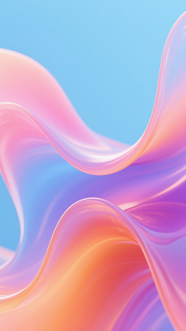 抽象背景主题，流动的彩色液体形态，以蓝色、粉色、橙色、紫色为主色调，色彩渐变自然柔和，具有丝绸般的光滑质感和透明感，光影效果明亮通透，整体呈现出梦幻、灵动、优雅的氛围，画面简洁大方，视觉焦点集中在色彩的流动变化上。