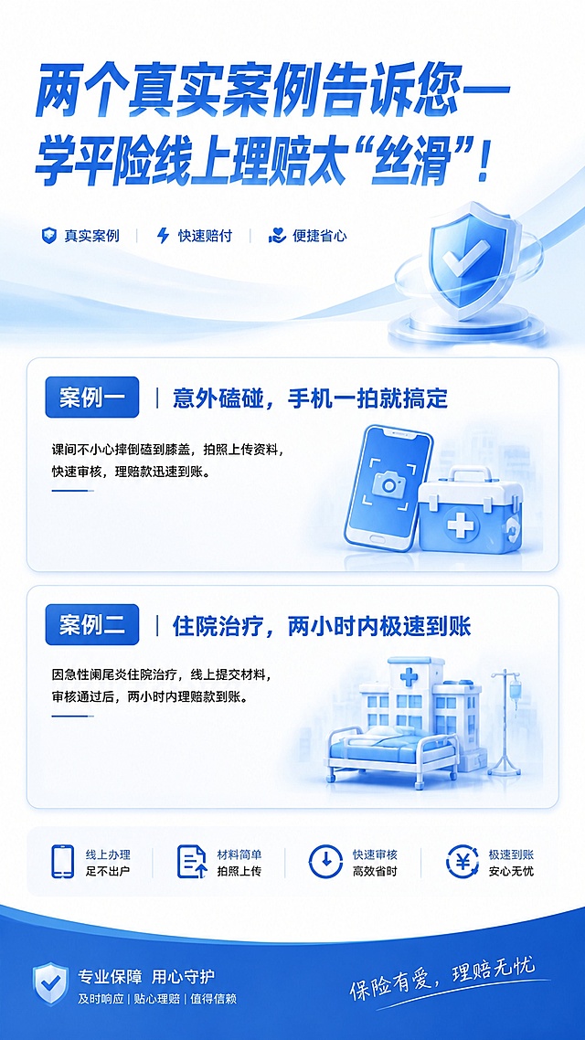 基于参考图的蓝白保险理赔海报风格，修改为两个案例的目录页。顶部大标题改为"两个真实案例告诉您—"，副标题改为"学平险线上理赔太"丝滑"！"。三个标签保留：真实案例、快速赔付、便捷省心，右侧盾牌图标保留。中间区域改为两个案例卡片上下排列：上方是"案例一｜意外磕碰，手机一拍就搞定"，配手机拍照/急救箱图标；下方是"案例二｜住院治疗，两小时内极速到账"，配医院/病床图标。两个案例卡片设计简洁，蓝色标题栏，白色内容区。底部四个优势图标保留：线上办理足不出户、材料简单拍照上传、快速审核高效省时、极速到账安心无忧。底部蓝色区域保留：专业保障 用心守护，保险有爱，理赔无忧。整体保持原参考图的蓝白配色和设计风格