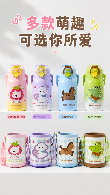 [第7屏] 全系列多SKU展示，拼贴展示四款不同配色款式的儿童保温杯。使用用户提供的【图7】全家福进行图生图，保留所有产品原有款式颜色。
[布局] 上下布局，上方摆放四支完整保温杯，下方摆放四个对应布预览效果