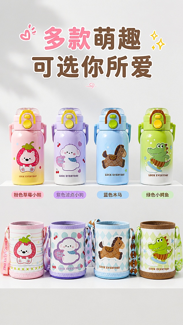 [第7屏] 全系列多SKU展示，拼贴展示四款不同配色款式的儿童保温杯。使用用户提供的【图7】全家福进行图生图，保留所有产品原有款式颜色。
[布局] 上下布局，上方摆放四支完整保温杯，下方摆放四个对应布套，就像原图产品排列，清晰展示每个款式搭配。
[场景风格] 干净整洁白色阶梯展示台，柔和明亮摄影棚光线，突出每个款式色彩和图案。
[文案] 顶部主标题“多款萌趣 可选你所爱”，下方每个款式对应标注颜色主题：粉色草莓小熊、紫色波点小狗、蓝色木马、绿色小鳄鱼，文字小而清晰，标注在对应产品下方。
[配色] 干净浅灰白色展示背景，突出产品丰富色彩，活泼可爱，符合儿童定位。
[比例分辨率] 9:16竖版比例，4K分辨率，文字清晰可辨，高清画质。
[负向提示词] 产品款式颜色变形，位置错乱，文字标注错误，缺少任意一款产品，文字遮挡主体