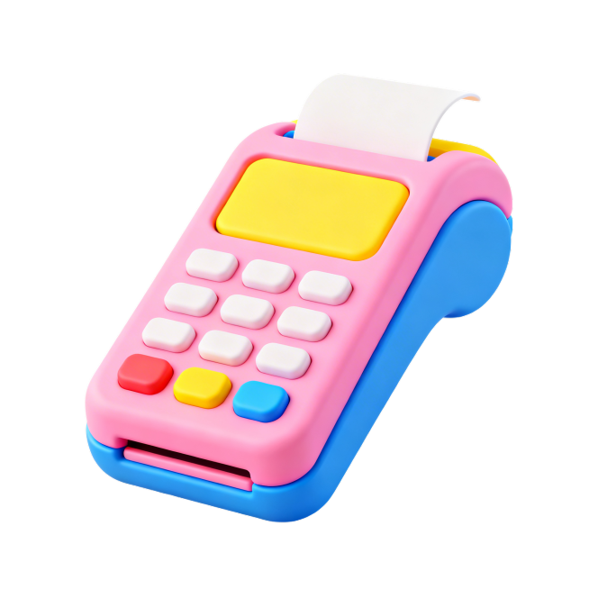 3D卡通风格，圆润哑光质感，粉黄蓝配色，pos机支付图标，白色背景预览效果