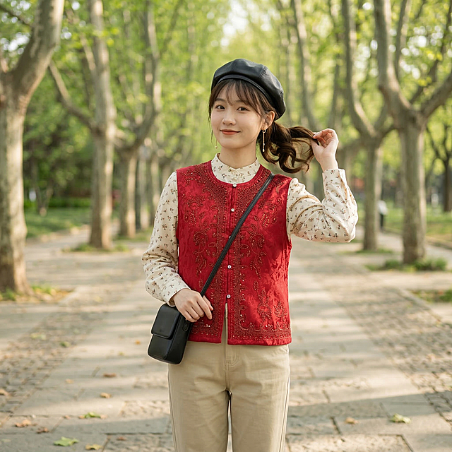 同一个长相甜美的年轻东亚女生，年龄20-25岁，身穿图中这件红色提花烫钻马甲，搭配浅卡其色直筒休闲裤和米白碎花立领衬衫，上衣不塞下装。女生留高马尾，发尾烫出自然弧度，额前留碎刘海，头戴黑色皮质贝雷帽，佩戴金色长款耳环，斜挎黑色小方包。清透自然淡妆，嘴角噙着温柔笑意。女生做单手撩头发摆拍动作，这是一张全身人物特写图片，从正面偏左侧角度拍摄，背景为春日公园林荫道，两侧是嫩绿梧桐树，地面散落少量落叶。自然柔和的日间散射日光，整体暖调通透，没有生硬阴影，色彩温润自然，人物对焦精准，皮肤质感真实细腻，整体充满松弛慵懒的春日日常感，生活气息浓郁