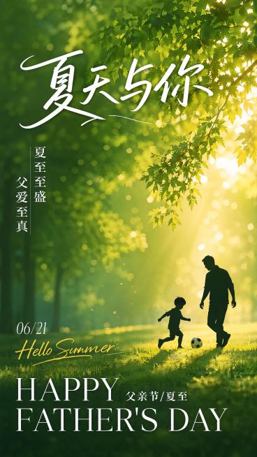 父亲节夏至双节海报，参考原图版式骨架和温馨氛围感，采用绿色渐变自然光影背景，保留父子踢足球的黑色剪影元素。文字内容：顶部大字"夏天与你"，侧边文字"夏至至盛 父爱至真"，日期"06/21"，手写体"H预览效果