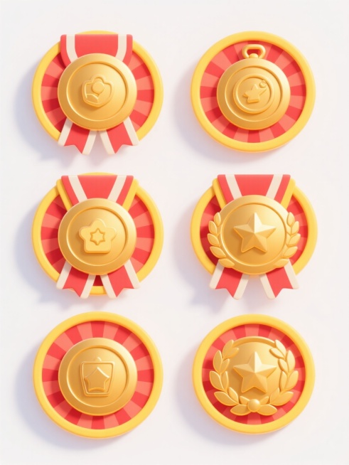 6个不同样式、不同材质的勋章，采用卡通图标风格，整体呈现明亮欢快的氛围，勋章主体为金色，带有黄色边缘和红色放射状背景，每个勋章都有独特的图标和装饰元素，勋章表面有光滑的金属质感和渐变光影效果，高光和阴影细节丰富，排列整齐地置于纯白色背景上，整体构图简洁明了，视觉层级清晰，每个勋章大小一致，间距均匀，呈现出对称美学的布局。预览效果