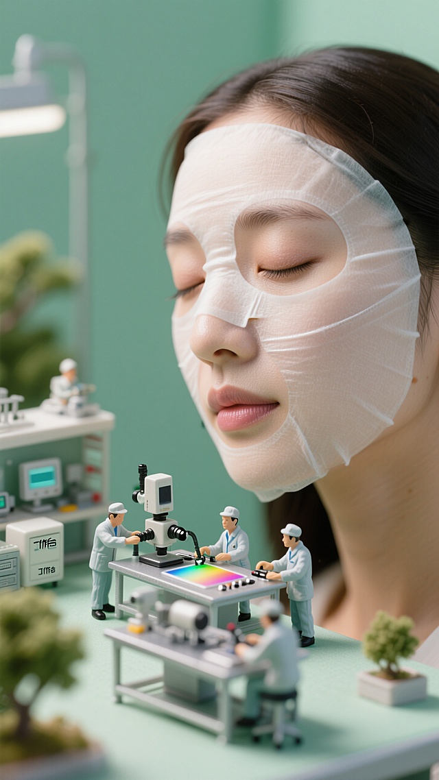 女性闭眼休憩，白色面膜如第二层肌肤般贴合全脸，几位迷你工程师操作光谱仪在面部工作台作业。整体淡绿色为主色调，明亮精致。