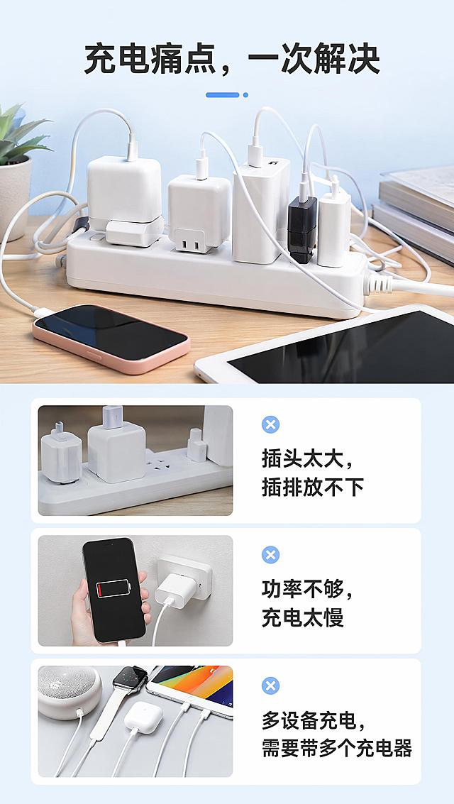 [第2屏] 痛点直击页-展示日常充电的常见困扰，无需产品图。[氛围/风格]写实生活场景风，浅蓝简约，清晰直观。[元素布局]上半部分是桌面场景，放多个 bulky 普通充电器挤在插排上，杂乱占空间；下半部分分三个痛点卡片，每个卡片配场景小图和痛点文字。[光影质感]均匀柔光，画面明亮通透，卡片对比清晰。[配色色系]全局底色 #e8f4ff，主色浅蓝，卡片白色背景，深色文字。[视角构图]从上到下纵向排版，分区块清晰，阅读动线流畅。[文字版式]顶部大标题「充电痛点，一次解决」，三个痛点：「插头太大，插排放不下」「功率不够，充电太慢」「多设备充电，需要带多个充电器」，每个痛点1行文字，卡片左图右文，字号清晰适合手机阅读。[比例分辨率]9:16竖版比例，分辨率2K，高清画质，文字清晰。[负向提示词]文字错乱，文字过小，背景杂乱，变形，水印