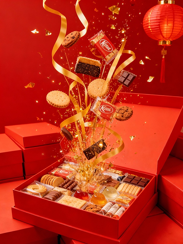 主体是红色台面上放着的图示商品，呈打开状态，内部商品向外飞溅。金色丝带围绕商品向上延伸，点缀金箔闪粉和红灯笼。正红色背景