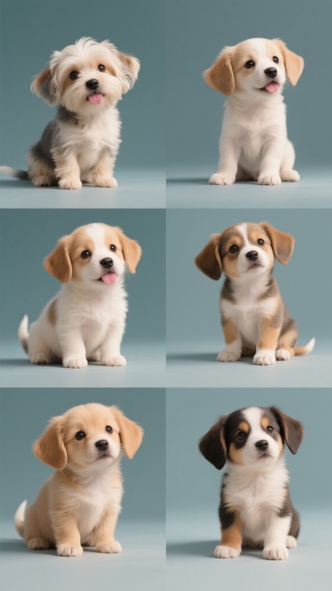 一组6个完全不同造型的同元素系列素材集合，规整排布在同一画面中，每个元素均为一只可爱的小狗，保持高清写实摄影风格，柔和自然光线，细腻的毛发质感，纯色背景，但每只小狗的整体色彩（毛发、舌头等）完全不同，造型各异（如坐姿、站姿、歪头等），画面整体构图平衡，视觉统一。预览效果