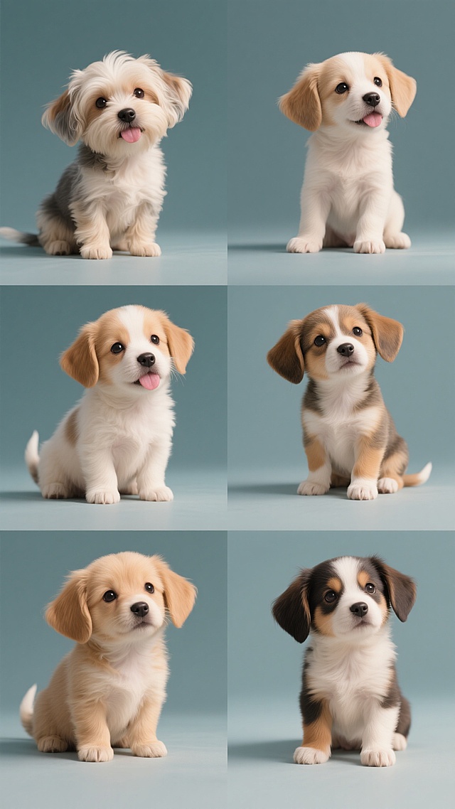 一组6个完全不同造型的同元素系列素材集合，规整排布在同一画面中，每个元素均为一只可爱的小狗，保持高清写实摄影风格，柔和自然光线，细腻的毛发质感，纯色背景，但每只小狗的整体色彩（毛发、舌头等）完全不同，造型各异（如坐姿、站姿、歪头等），画面整体构图平衡，视觉统一。