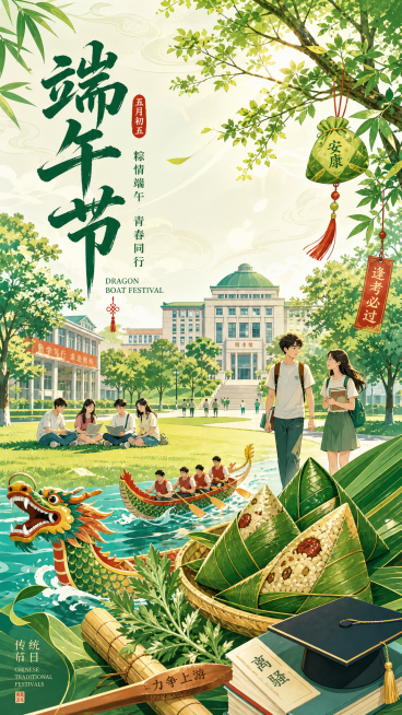 端午节主题海报，国潮插画风，明亮清新的大学校园场景融入端午元素，包含粽子、龙舟、艾草，搭配粽子、竹叶、书卷、学士帽、龙舟桨装饰元素，青春活力氛围，传统节日与校园结合，主色调为竹绿、粽叶青和暖黄预览效果