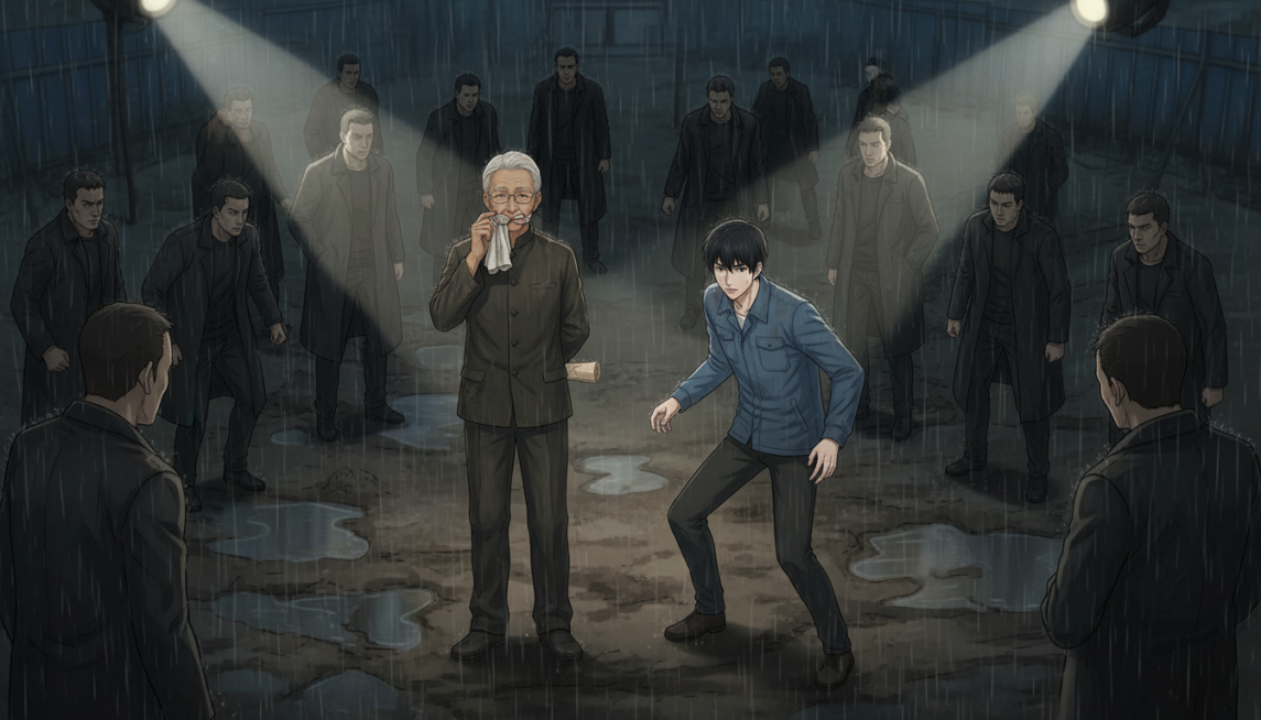 动漫风格，8k高清，中景，固定构图，齐教授站起身，慢条斯理地摘下老花镜，用深色考古服衣角擦拭镜片，林牧站在齐教授身侧，眼神警惕地看向王岳等人，身体微微前倾呈防御姿态，背景中黑色风衣们呈半包围姿态缓慢靠预览效果