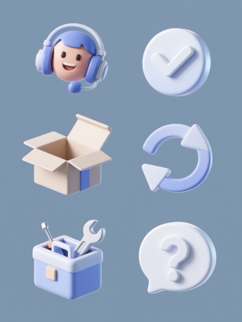 纯色背景上，六个3D立体风格的售后图标元素系列素材集合规整排布。每个图标都具有圆润的边角、光滑的塑料质感和轻微的高光反射，保持统一的视觉语言。图标包括：1. 微笑的客服耳机，耳机和麦克风有立体感，面部表情温和；2. 带有对勾的圆形确认图标，对勾呈立体凸起；3. 一个打开的包装盒，盒盖有倾斜角度，展现内部空间感；4. 一个旋转的箭头组成的刷新图标，箭头有厚度和阴影；5. 一个带扳手和螺丝刀的工具……预览效果