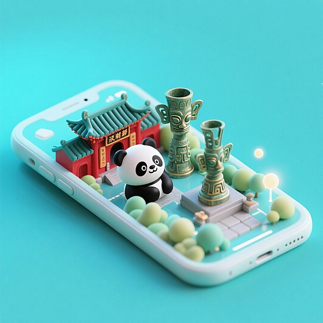 一个手机创意微缩场景，手机平放，侧面对着观众，手机俯视角度，立体的成都景观从屏幕内出来，有熊猫，三星堆，武侯祠，整体色调立体魔幻。青色背景。具有梦幻感,打光营造出柔和氛围强调梦幻和未来感的美学。
