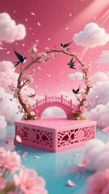 七夕氛围电商展台，正视图，明亮的玫红色为主色，镂空效果，花枝缠绕的鹊桥、花瓣、小小的喜鹊、蓬松柔软的云朵，色彩明亮饱和度高预览效果