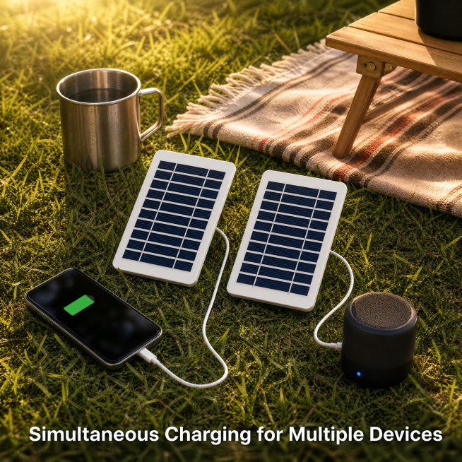 [Image 1] Outdoor camping scene with two 5V 2W solar panels charging multiple devices simultaneously预览效果