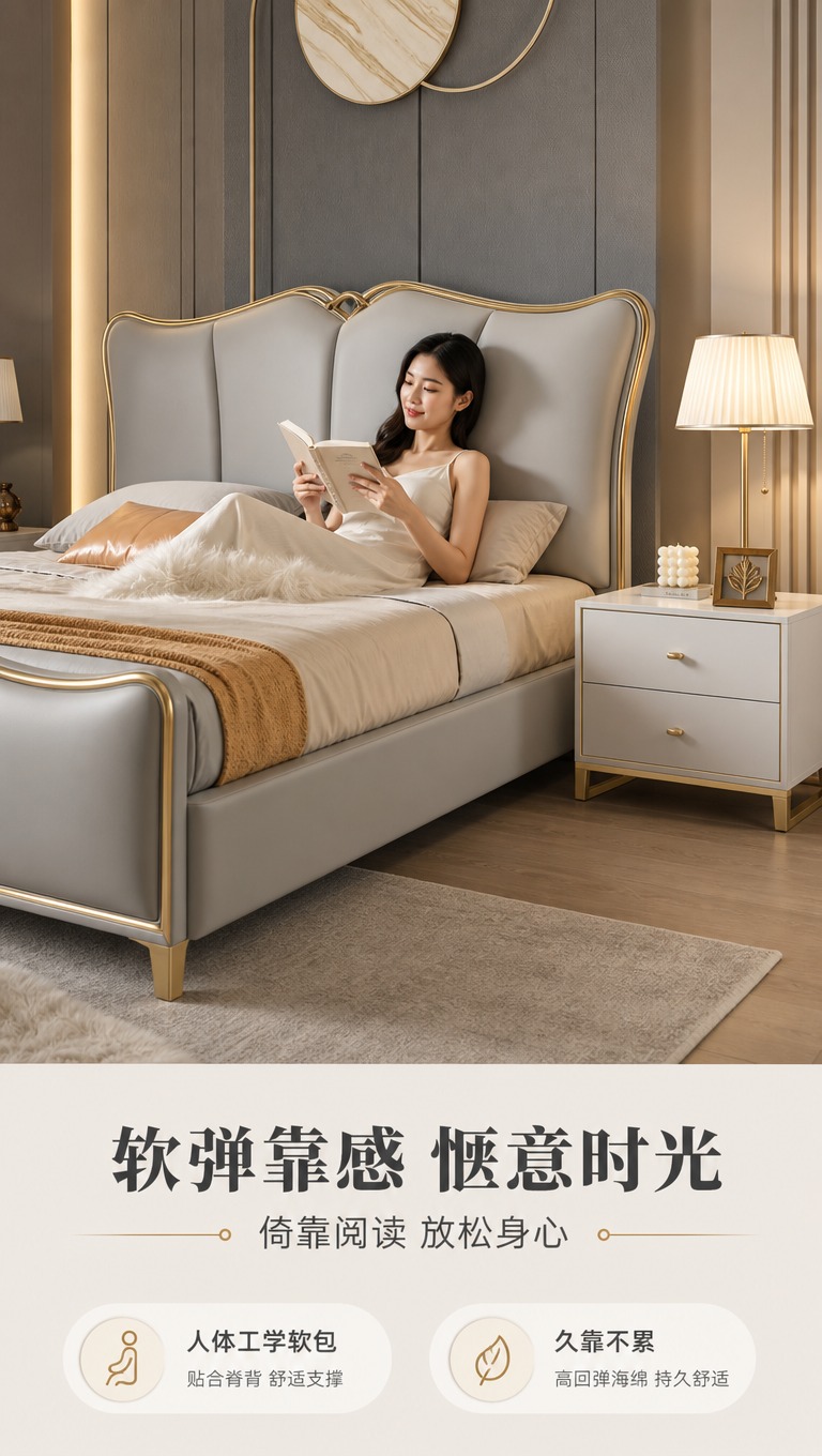 [商品] 使用【图1】浅灰色头层牛皮软包床和【图2】白色床头柜… - 图片创意预览