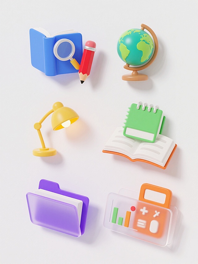 六组学习主题的3D图标，保持透明渐变玻璃质感，每个图标具有光滑边缘和轻微高光，白色背景，整齐排列成两行三列。图标分别为：蓝色书本与放大镜组合、红色铅笔与笔记本组合、绿色地球仪与书本组合、黄色台灯与打开的书组合、紫色文件夹与文件组合、橙色计算器与图表组合。每个图标色彩鲜明且统一采用透明渐变效果，整体风格简洁现代，具有清晰的视觉层次和信息传达效率。