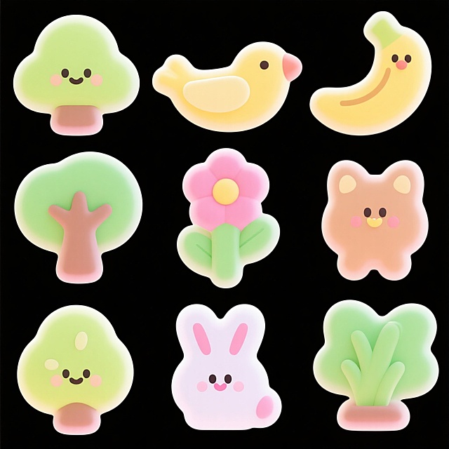 可爱卡通风格，拟人化植物与动物，萌趣表情设计，温馨节日氛围。