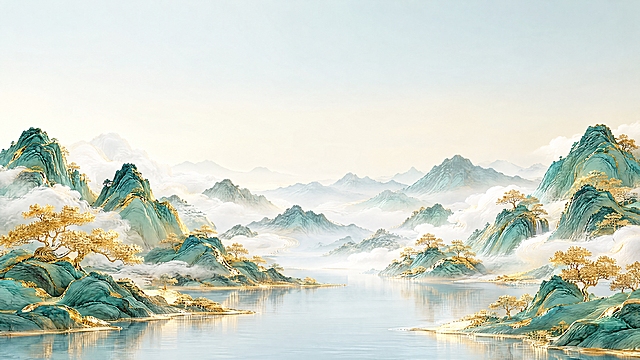 参考图中的青绿山水鎏金风格，重新生成横向16:9的新中式山水画面，画面上方留出大面积留白空间，青绿色山峦搭配金色描边和金色树木，山间云雾缭绕，水面平静，整体风格雅致高级，3D立体浮雕质感，国潮风，高清细腻