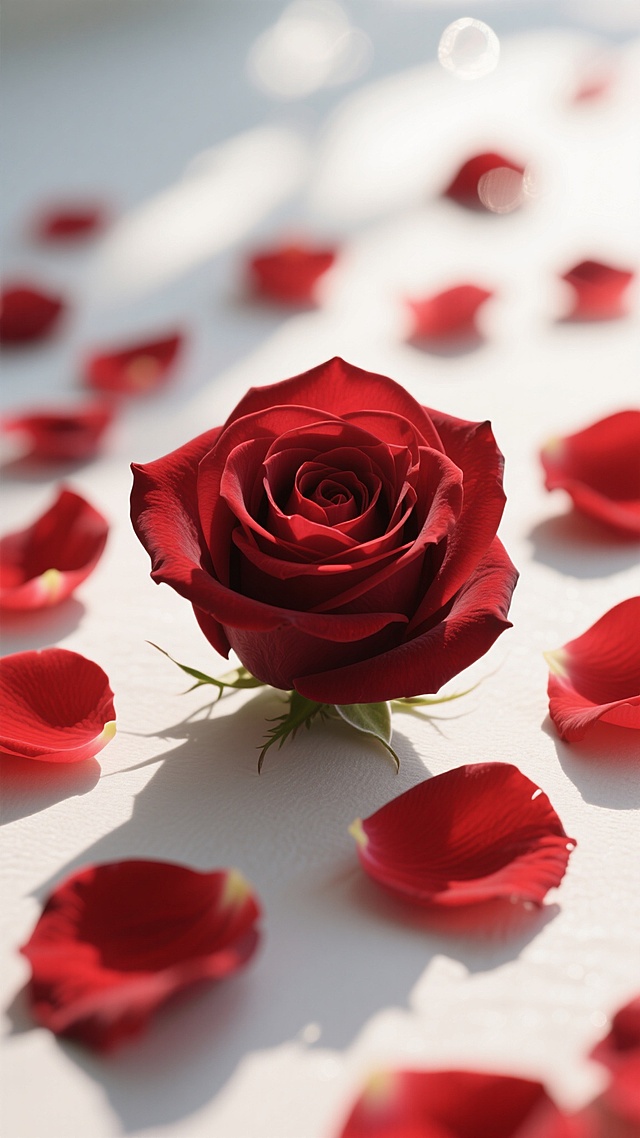 一张特写摄影风格的图片，画面中心是一朵完整的深红色玫瑰花，周围散落着许多红色玫瑰花瓣，它们自然地铺展在浅色的平面上，阳光从上方照射下来，在花瓣和平面上形成清晰的光影对比，花瓣边缘有柔和的高光，背景呈现出模糊的光斑效果，营造出浪漫而温馨的氛围，整体色调以红色和白色为主，色彩鲜明且和谐，摄影的景深控制使得前景的玫瑰和花瓣清晰锐利，背景则柔和虚化，突出主体。