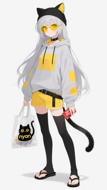 动漫风格少女立绘，灰白色长发，黄色眼眸，头上戴着有黄色镜片的黑色猫耳帽子，脖子上戴着黑色项圈，身穿浅灰色带黄色方形图案的连帽卫衣，搭配黄色短裤，腰间系着黑色腰带，腿上穿着黑色长筒袜，脚踩黑色人字拖，身后有一条黑色猫尾。左手提着一个透明的印有黑色猫咪图案和“nyan”字样的购物袋，右手拿着一包红色包装的物品，整体姿态自然，背景为纯白色，线条流畅，色彩明快，具有日系动漫的清新感和时尚感。预览效果