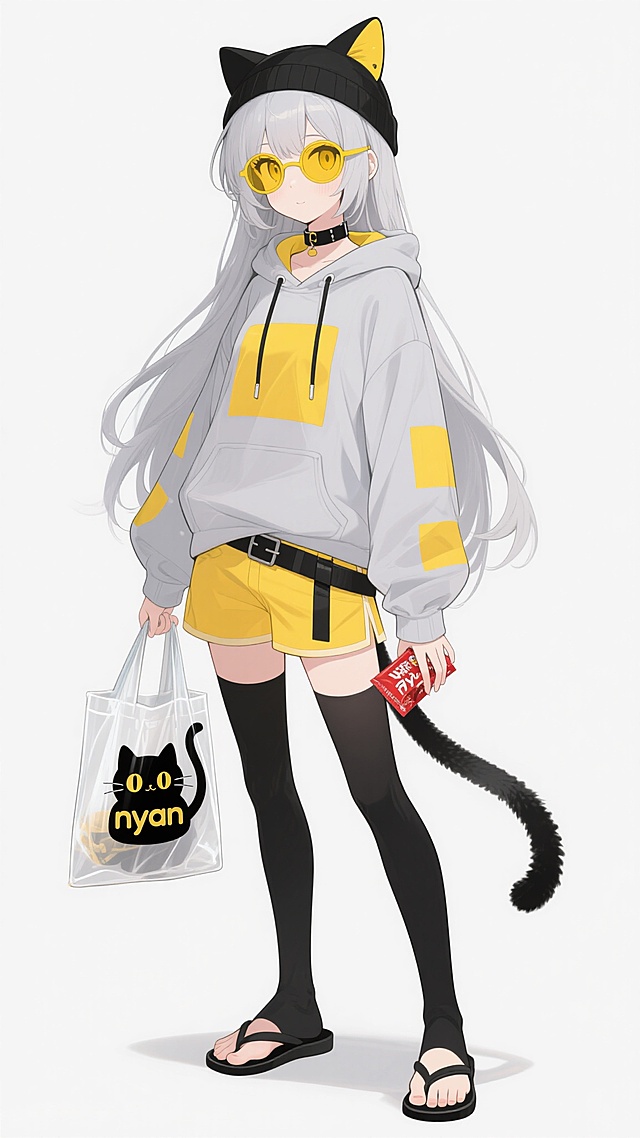 动漫风格少女立绘，灰白色长发，黄色眼眸，头上戴着有黄色镜片的黑色猫耳帽子，脖子上戴着黑色项圈，身穿浅灰色带黄色方形图案的连帽卫衣，搭配黄色短裤，腰间系着黑色腰带，腿上穿着黑色长筒袜，脚踩黑色人字拖，身后有一条黑色猫尾。左手提着一个透明的印有黑色猫咪图案和“nyan”字样的购物袋，右手拿着一包红色包装的物品，整体姿态自然，背景为纯白色，线条流畅，色彩明快，具有日系动漫的清新感和时尚感。