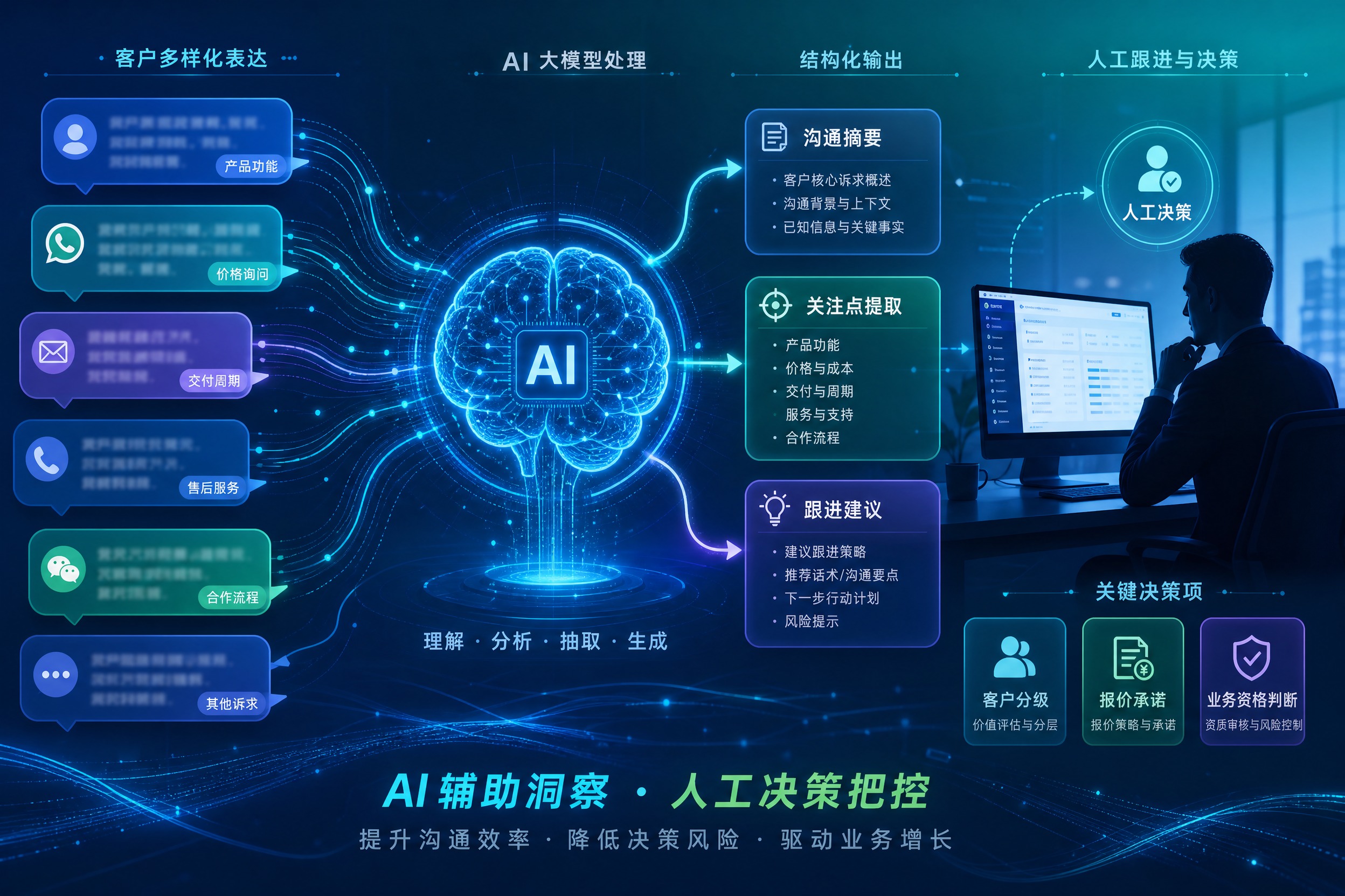 意向识别与人工跟进辅助概念图，科技感商务风格。画面左侧是多个不… - 图片创意预览