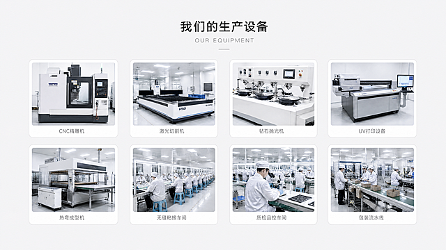 [第2屏重新生成] 详情页第二屏-亚克力耳机展示架工厂生产设备展示，整体与第一屏风格衔接统一，使用纯净未来极简苹果北欧风。
[尺寸要求] 画板严格为750px宽度 × 400px高度，画面底色与第一屏保持一致为#F5F5F7，让两屏衔接自然，不再使用纯白色。
[标题区规范] 距顶部30px，内容居中对齐：第一行中文标题"我们的生产设备"，苹方/思源黑体，Medium字重，20px字号，颜色#1D1D1F；第二行英文标题"OUR EQUIPMENT"，SF Pro Display/Helvetica Neue，Light字重，11px字号，字距2px，颜色#86868B；英文标题下方6px位置添加1px × 40px横短线，颜色#D1D1D6。
[图片展示区] 标题区下方18px开始排列，分为上下两排，每排4张设备卡片，共8张，每张卡片尺寸148 × 168px，圆角8px，带1px #E5E5EA极浅灰描边，卡片占位底色#FFFFFF（与浅灰底面对比清晰），所有设备图调为明亮干净低饱和偏冷白的统一风格。卡片水平间距14px，垂直间距14px，整体居中分布，左右留白58px。
每张设备卡片下方6px位置添加居中设备名称文字，字号10px，颜色#6E6E73，苹方/思源黑体。8张设备内容从上到下从左到右依次为：
上排左1：工厂CNC精雕机实拍，文字"CNC精雕机"；
上排左2：工厂激光切割机实拍，文字"激光切割机"；
上排左3：工厂钻石抛光机实拍，文字"钻石抛光机"；
上排左4：工厂UV打印设备实拍，文字"UV打印设备"；
下排左1：工厂热弯成型机实拍，文字"热弯成型机"；
下排左2：工厂无缝粘接车间实拍，文字"无缝粘接车间"；
下排左3：工厂质检品控车间实拍，文字"质检品控车间"；
下排左4：工厂包装流水线实拍，文字"包装流水线"。
[风格与质感] 整体与第一屏统一风格，极简干净苹果北欧风，布局规整，呼吸感充足，颜色衔接自然，所有文字清晰可辨，颜色严格遵循色号要求，设备图风格统一明亮。
[负向提示词] 变形，颜色偏差，文字错乱，缺字漏字，结构错误，水印，背景杂乱，图片明暗不一，色温跳跃，尺寸比例错误，间距不对，排版歪斜，底色不一致，和第一屏风格脱节。