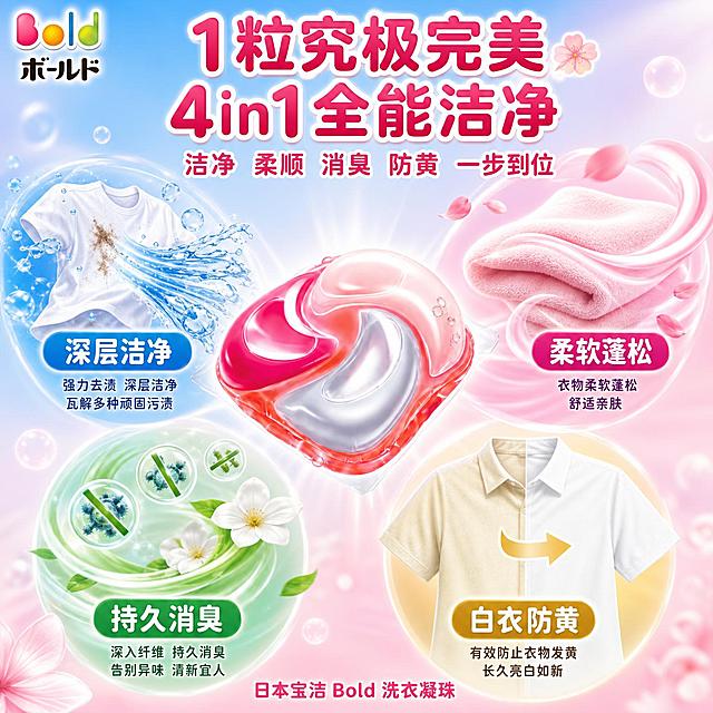 [主图-2] 核心功效聚焦图，4in1洗衣凝珠功效可视化，日系广告风。唯一任务：证明1粒凝珠具备洁净、柔顺、消臭、防黄4大功效，让用户一眼看懂产品核心价值。

[统一基调] 日系清新明亮风格，樱花粉+洁净白为主色，天蓝、薰衣草紫为辅助色，圆润粗黑体字体，柔和自然光，高亮通透质感。

[画面] 画面中央放大展示1颗切开的粉色4in1洗衣凝珠（与image1中凝珠形态一致，4色腔体清晰可见），凝珠悬浮在画面中心，周围环绕4组功效可视化元素，呈放射状分布。左上：洁净功效——衣物上的污渍被蓝色水流瞬间分解，配泡沫飞溅效果；右上：柔顺功效——柔软毛巾轻轻飘动，带丝绸般光泽曲线；左下：消臭功效——绿色清新气流驱散异味符号，配清新小花朵；右下：防黄功效——白色衣物从泛黄变亮白的渐变对比。背景为淡蓝色到淡粉色的柔和渐变，点缀轻薄气泡和阳光光斑。左上角保留Bold品牌Logo。

[光影质感] 日系商业摄影质感，凝珠胶体通透有光泽，内部4色液体分层清晰，表面有晶莹水珠和高光。四周功效元素有柔和发光效果，整体画面干净透亮，光影柔和不刺眼。

[配色] 主色樱花粉+洁净白，功效色分别用蓝(洁净)、粉(柔顺)、绿(消臭)、金(防黄)，色彩清新饱和但不杂乱。

[文字版式] 顶部大标题：「1粒究极完美 4in1全能洁净」，副标题：「洁净 柔顺 消臭 防黄 一步到位」。4个功效区各配短标签：「深层洁净」「柔软蓬松」「持久消臭」「白衣防黄」，标签为圆角胶囊样式。底部小字：「日本宝洁 Bold 洗衣凝珠」。全部中文，圆润粗黑体，主标题最大最醒目，功效标签中等字号，辅助文字缩小。

[输出要求] 1:1比例 2048x2048 2K高清，文字清晰，产品清晰，凝珠形态真实。负向：变形、错字、模糊、杂乱、水印、平台Logo、凝珠腔体颜色错误、功效元素遮挡主体。