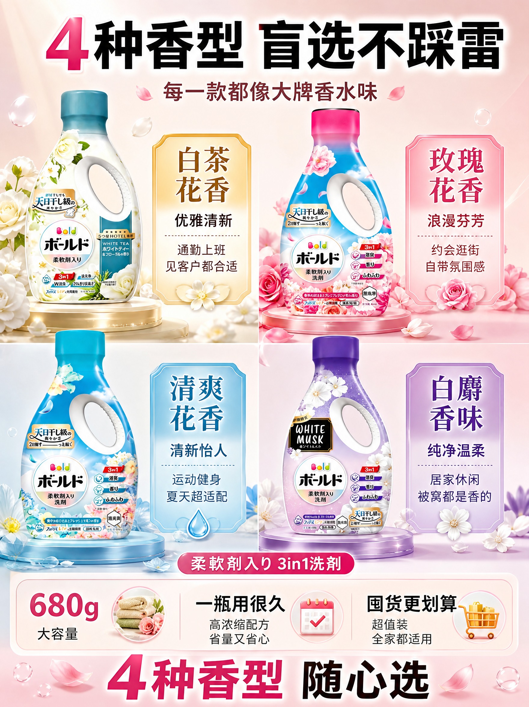 [主图3-3 3:4] 宝洁Bold花香洗衣液 香型规格决策图… - 图片创意预览