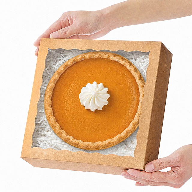 在盒子开窗内的白色拉菲草上放置一个大的南瓜派(Pumpkin Pie)，派中间有一点奶油裱花点缀，保留原图的纸盒外形、开窗波浪形边缘、白色拉菲草、背景、光线、光影、色调、材质、构图、景深完全不变，保持真实商业摄影质感，高清，无畸变，产品质感与原图一致，不要重绘整张图，只添加南瓜派和奶油裱花
