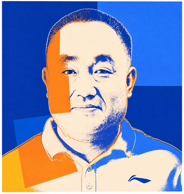 参考第一张图的安迪沃霍尔波普艺术拼色风格，重新绘制第二张图的男性肖像，保留人物特征，使用蓝橙撞色和线条描边的拼贴设计预览效果