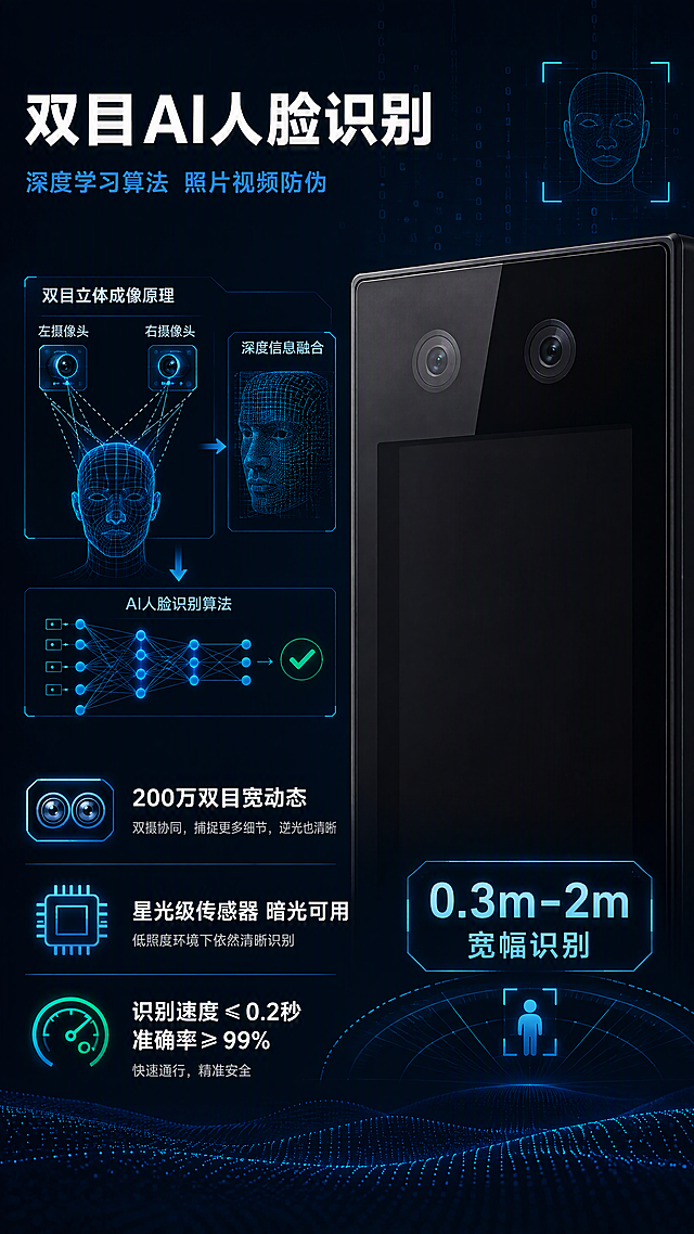 [第4张] 详情页核心技术解析-双目摄像头与人脸识别技术。本张使用【图1】门口机上半部分摄像头区域做特写展示。
[氛围/风格] 硬核科技风，技术解析感，深色背景配发光结构示意，专业安防技术风。
[元素布局] 画面右侧为门口机摄像头区域特写放大（占画面约35%），可清晰看到双摄像头模组；左侧为技术原理示意图，有人脸识别算法路径、双目成像对比示意、星光级传感器图示；背景有数据线条和人脸识别框的科技元素；保持摄像头外观、位置、产品颜色与输入图一致。
[光影质感] 摄像头区域有精准打光，镜头玻璃有高光反射；技术示意图有蓝色发光线条；整体暗背景突出发光元素，科技感强烈。
[配色色系] 全局底色 #050D1A 极深蓝；主色 科技蓝 #2196F3 发光；辅助色 青色 #00E5FF、绿色 #00E676 点缀；文字白色。
[视角构图] 左右分栏布局，右侧产品特写，左侧技术示意+文字，阅读动线从左标题 → 技术示意 → 右侧产品特写。
[文字版式] 左上主标题「双目AI人脸识别」，白色大粗体；副标题「深度学习算法 照片视频防伪」，浅蓝色小字；下方三个技术点带图标：「200万双目宽动态」「星光级传感器 暗光可用」「识别速度＜0.2秒 准确率≥99%」，每项配发光小图标和简短说明；右下角标注识别距离「0.3m-2m 宽幅识别」；文字层级分明，技术术语清晰。
[比例分辨率] 9:16 竖版比例，4K分辨率，文字清晰可辨，高清画质。
[负向提示词] 摄像头变形，位置错误，水印，文字错乱，技术示意图模糊，产品颜色偏差。